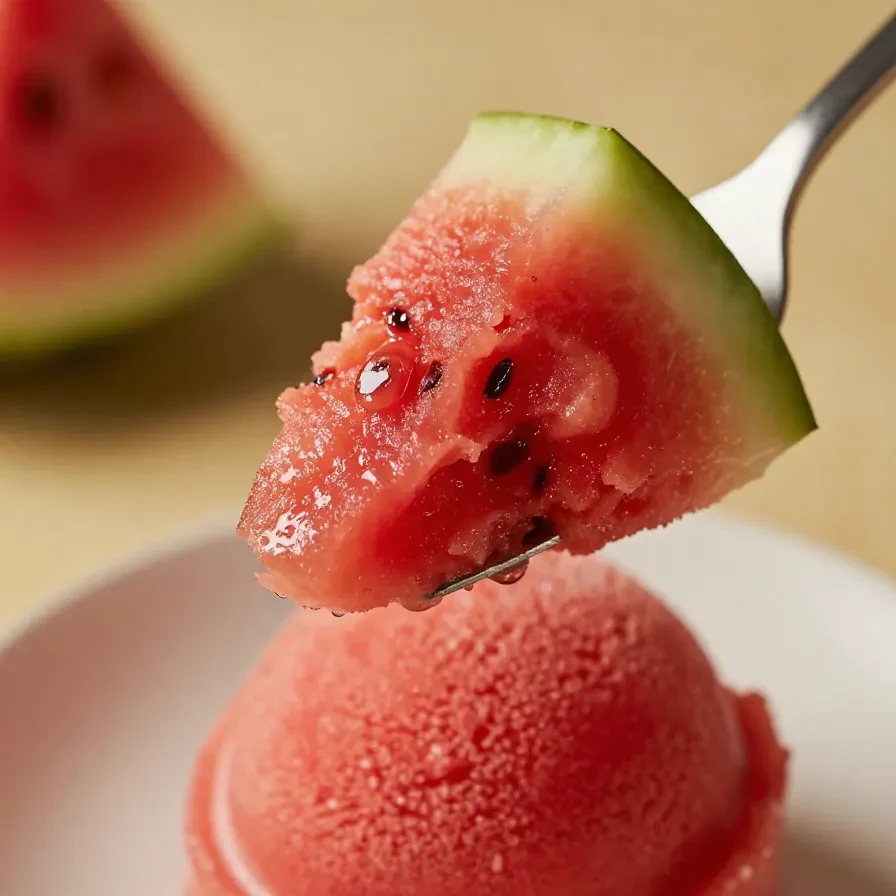 A bowl of refreshing summer watermelon sorbet served with mint leaves.