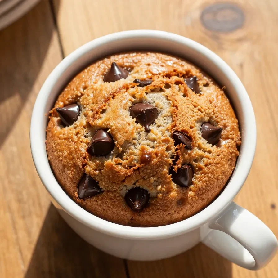 A chocolate chip protein mug cake served in a white mug on a wooden table.