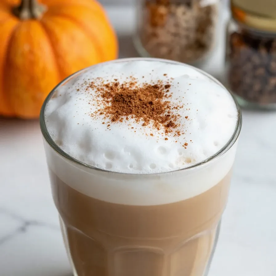 A homemade iced pumpkin cream chai latte served in a glass with a straw on a wooden table.