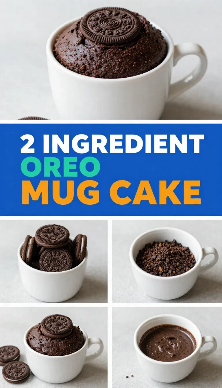 A freshly made Oreo mug cake served in a white mug on a wooden table.