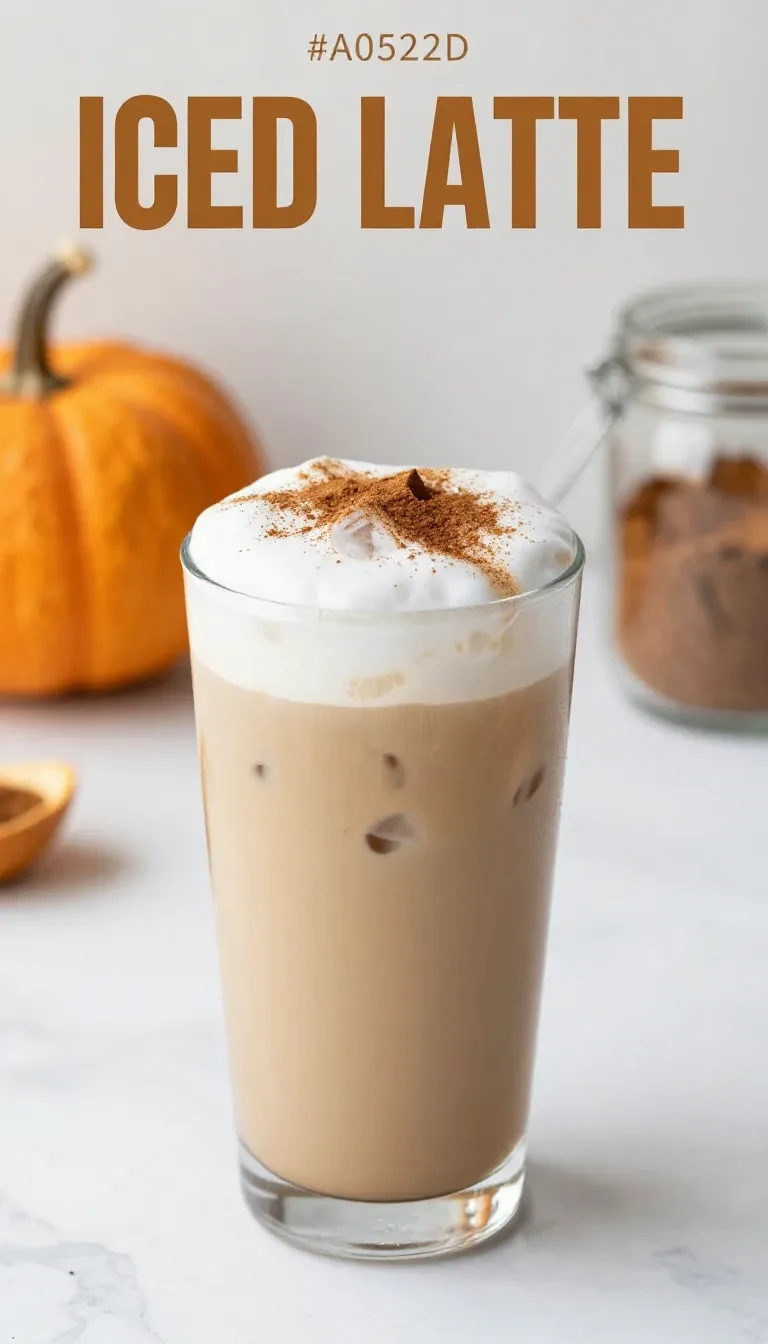 A homemade iced pumpkin cream chai latte served in a glass with a straw on a wooden table.