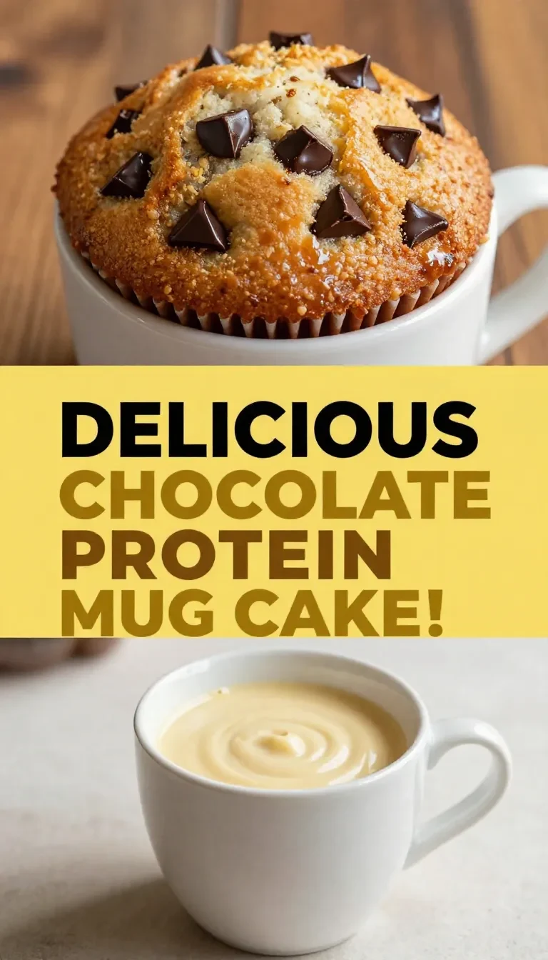 A chocolate chip protein mug cake served in a white mug on a wooden table.