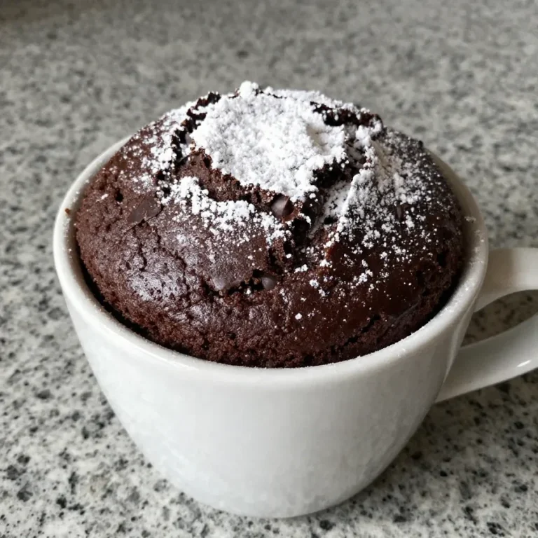A freshly made protein mug cake topped with chocolate chips on a wooden table.