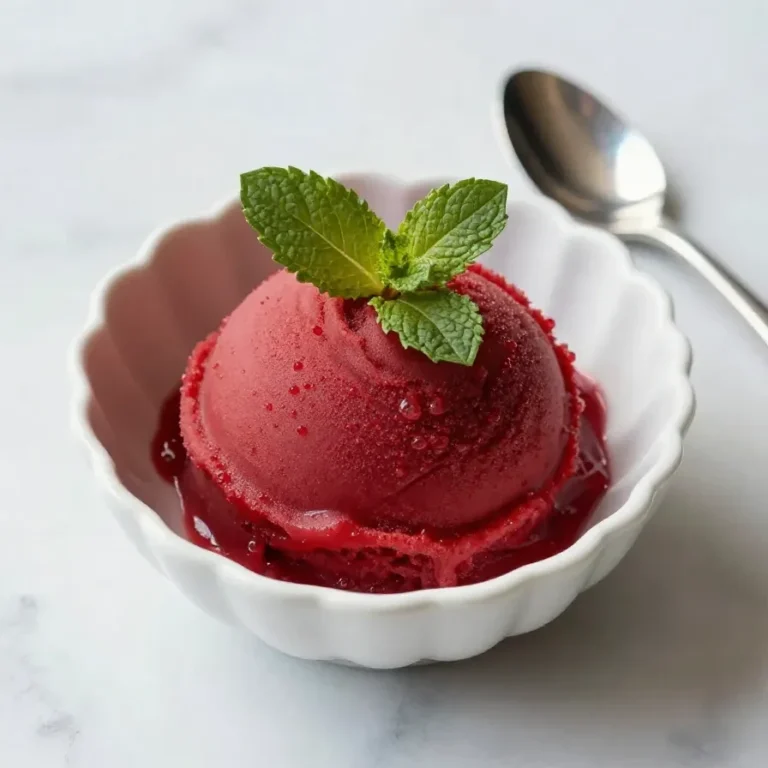 Homemade Watermelon Sorbet A bowl of vibrant homemade watermelon sorbet served with fresh mint leaves.