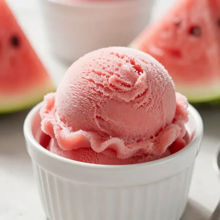 A bowl of vibrant pink sugar-free watermelon sorbet garnished with fresh mint leaves.