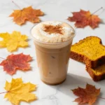 A glass of iced pumpkin cream chai tea latte garnished with cinnamon and whipped cream on a wooden table.