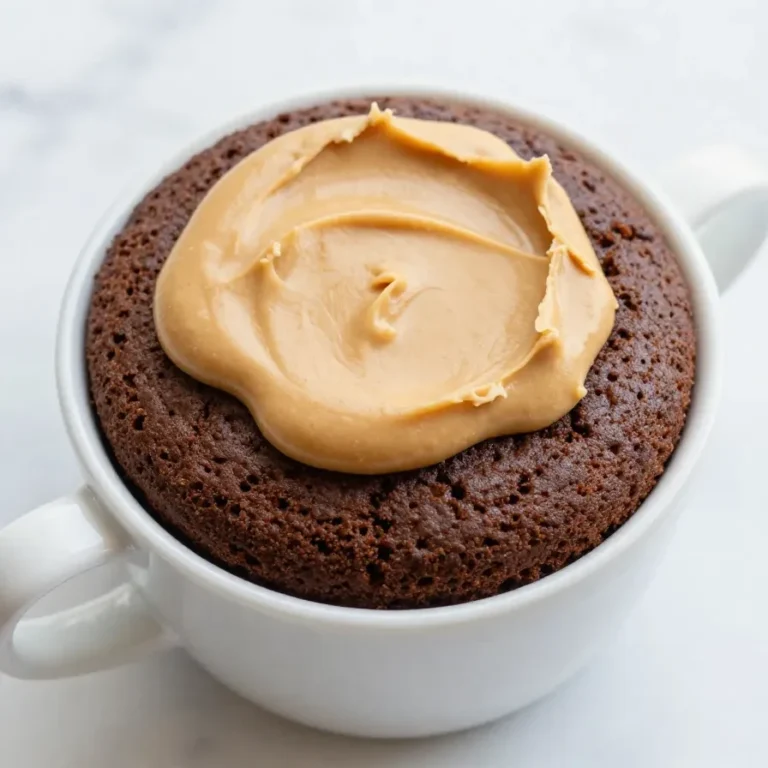 A close-up view of a rich chocolate peanut butter mug cake served in a white ceramic mug.