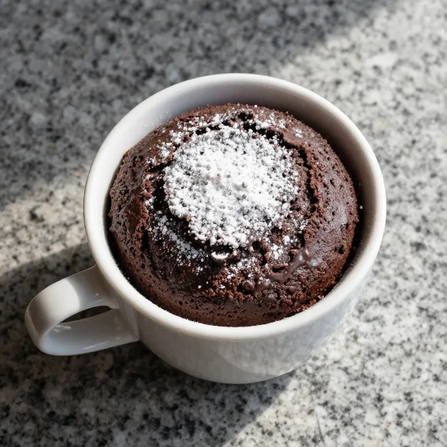 A freshly made protein mug cake topped with chocolate chips on a wooden table.