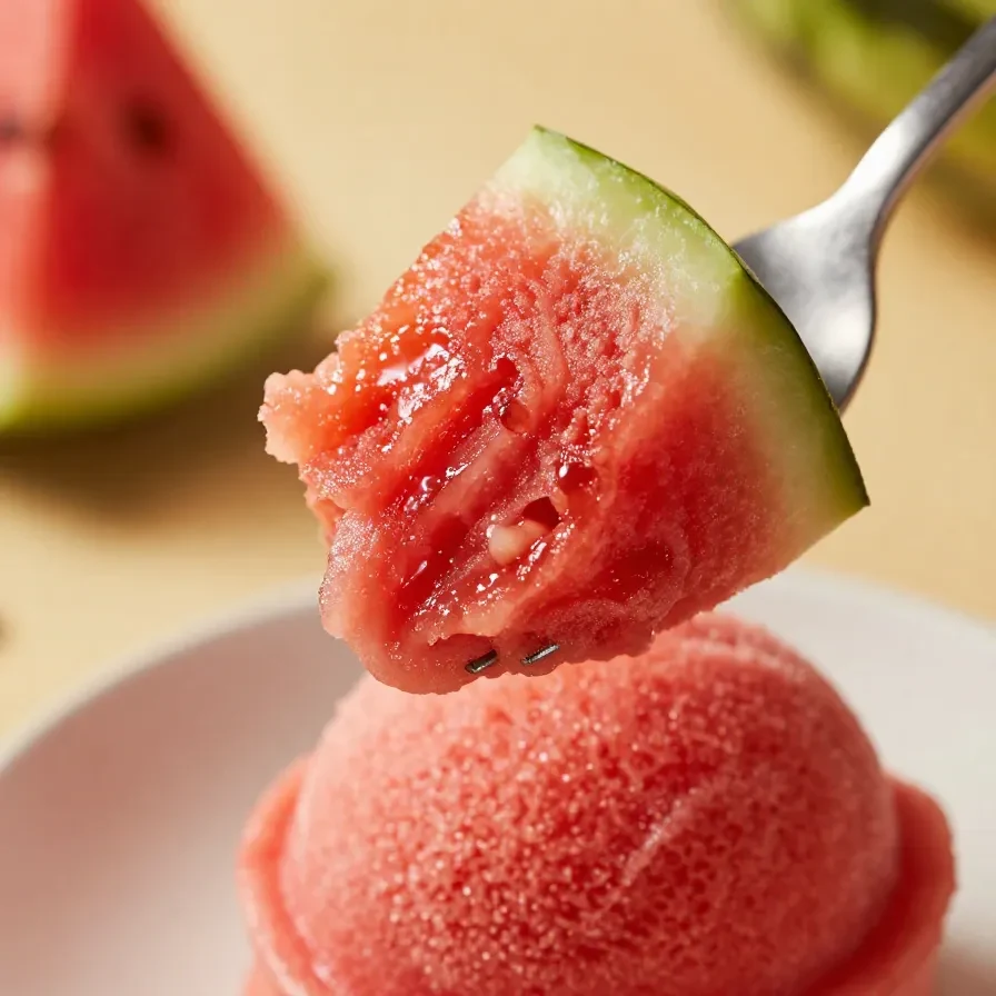 A vibrant bowl of homemade watermelon sorbet made using the Ninja Creami machine, garnished with fresh mint leaves.