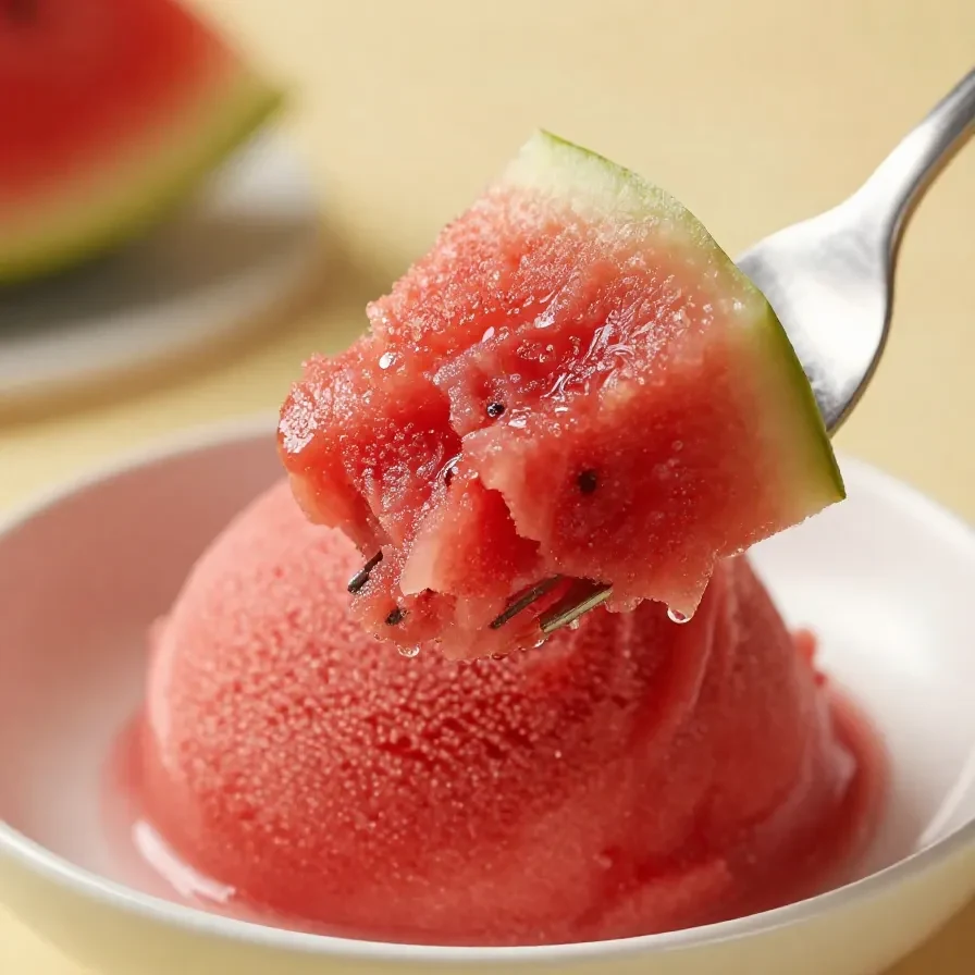 A bowl of vibrant homemade watermelon sorbet served with fresh mint leaves.