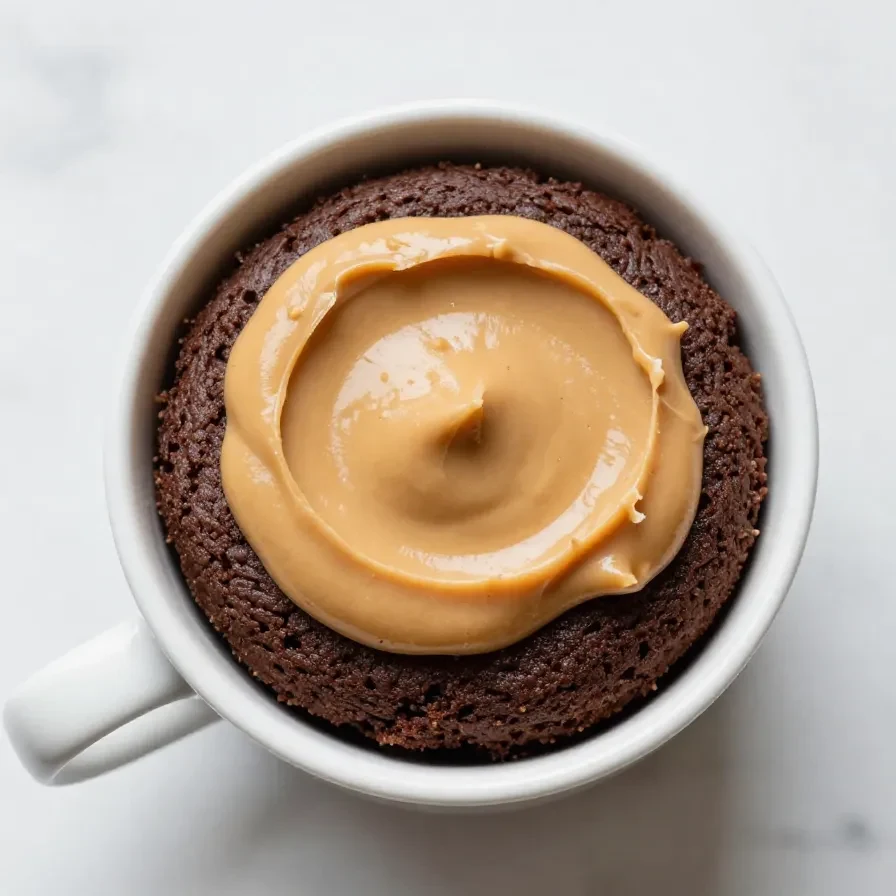 A close-up view of a rich chocolate peanut butter mug cake served in a white ceramic mug.