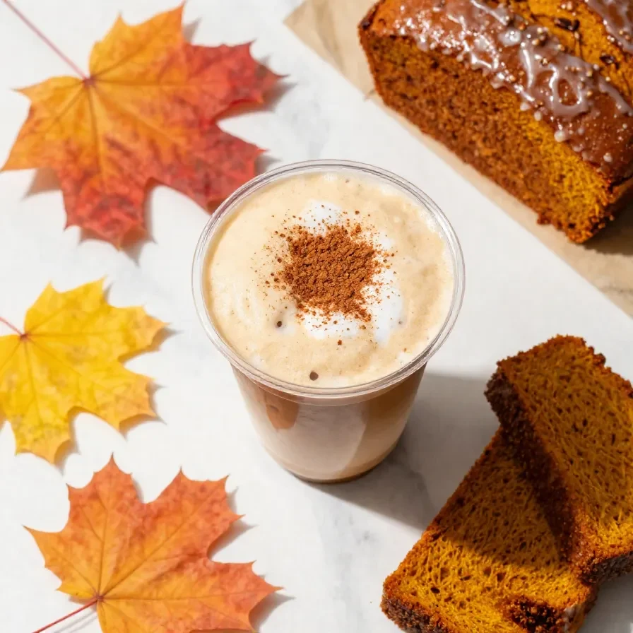 A glass of iced pumpkin cream chai tea latte garnished with cinnamon and whipped cream on a wooden table.
