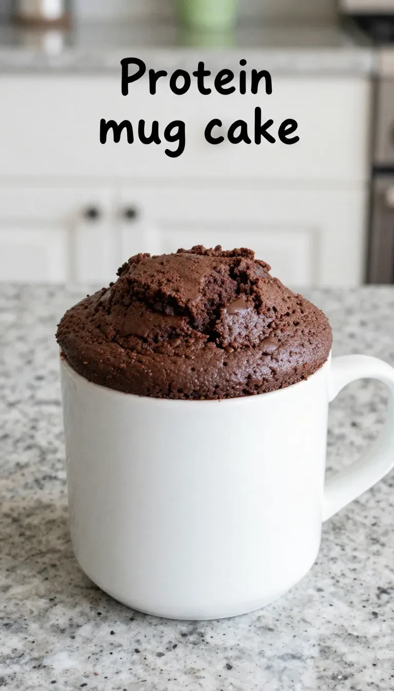 A freshly made protein mug cake topped with chocolate chips on a wooden table.