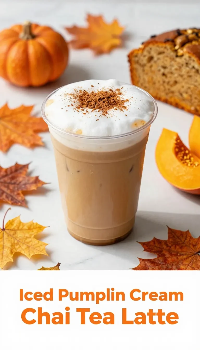 A glass of iced pumpkin cream chai tea latte garnished with cinnamon and whipped cream on a wooden table.