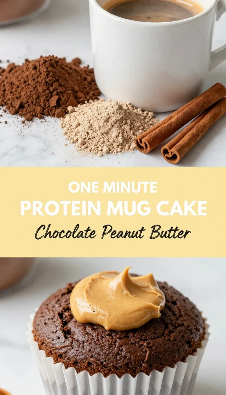 A close-up view of a rich chocolate peanut butter mug cake served in a white ceramic mug.