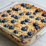 A bowl of freshly baked lemon blueberry oats topped with fresh blueberries and lemon zest.