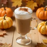 A glass of iced chai latte topped with creamy pumpkin cold foam on a wooden table.