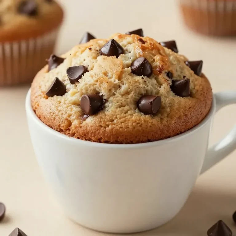 A freshly baked chocolate chip mug cake topped with melted chocolate chips in a white mug.