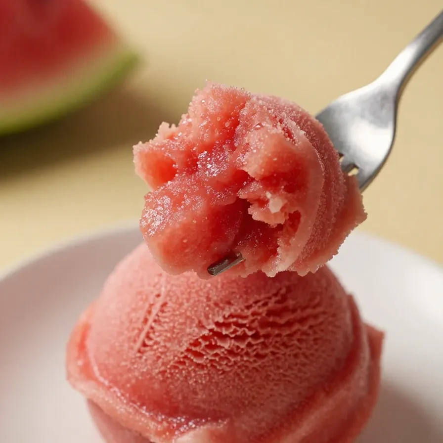 A bowl of homemade watermelon sorbet garnished with fresh mint leaves.