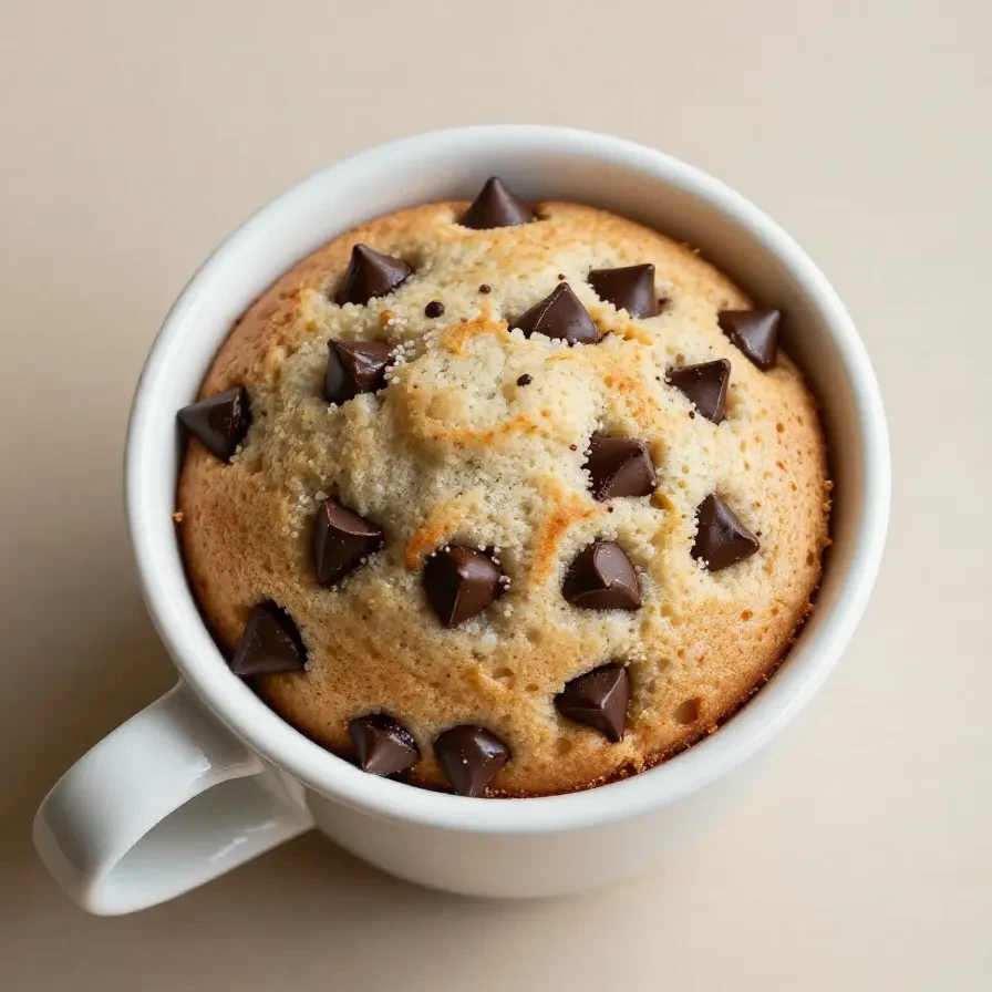 A freshly baked chocolate chip mug cake topped with melted chocolate chips in a white mug.