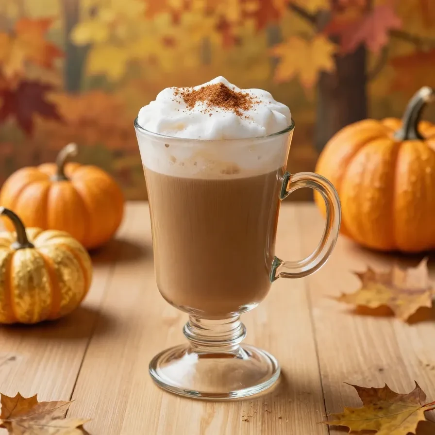 A glass of iced chai latte topped with creamy pumpkin cold foam on a wooden table.