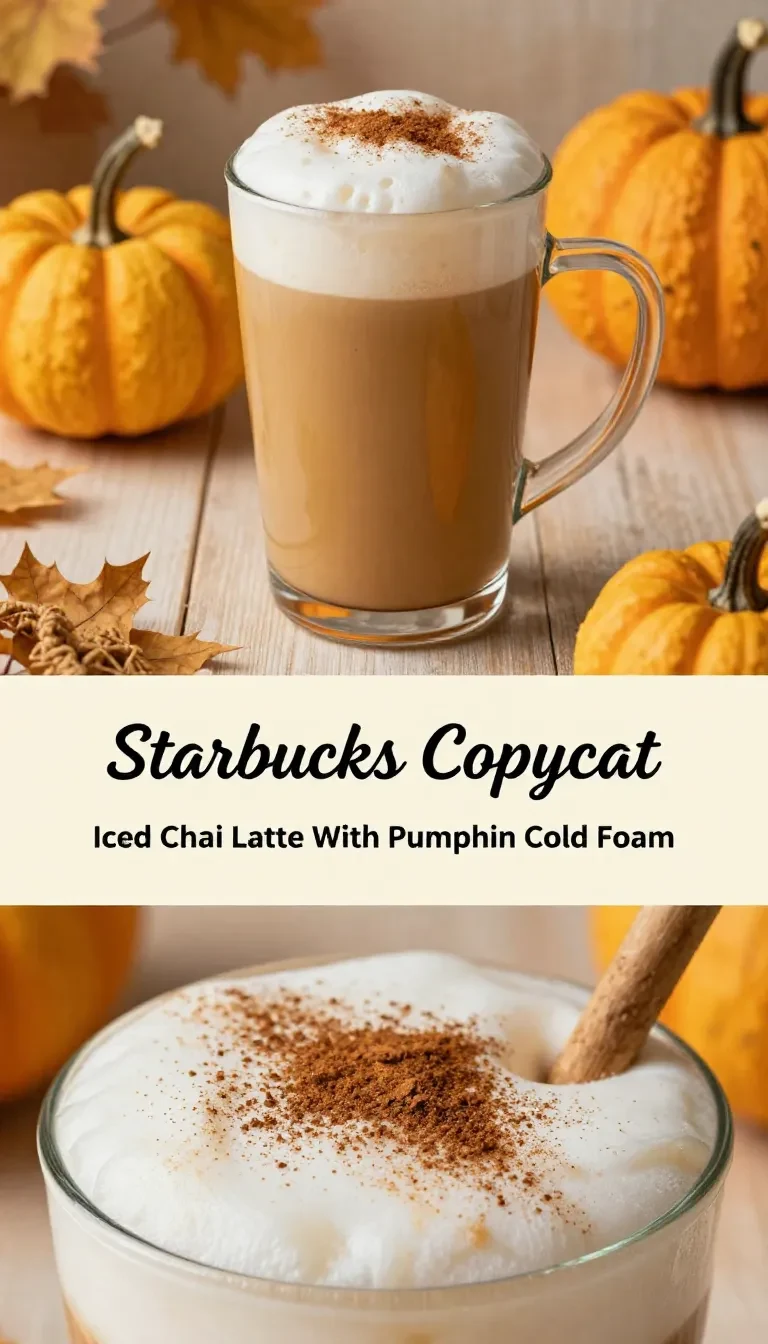 A glass of iced chai latte topped with creamy pumpkin cold foam on a wooden table.