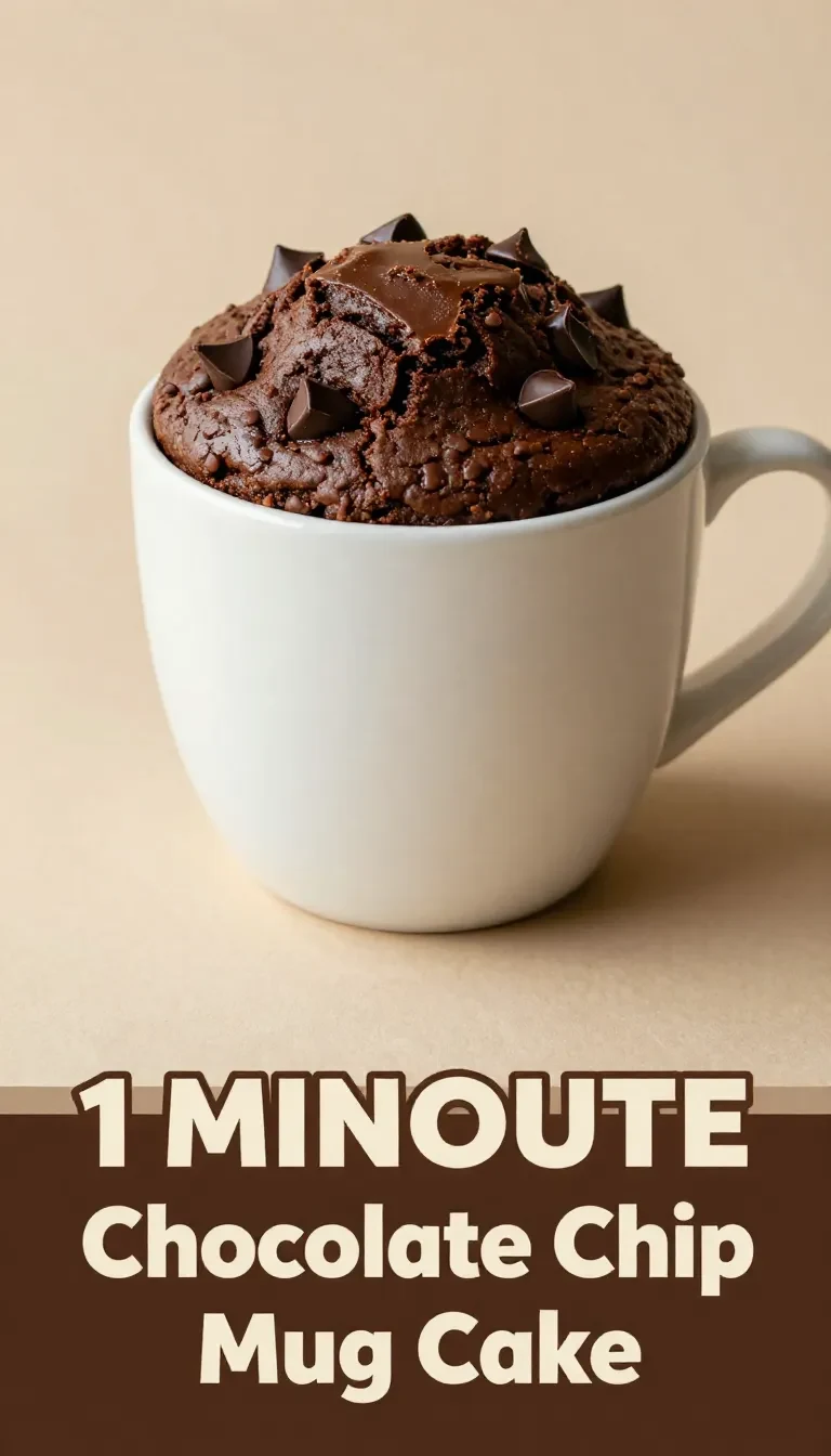 A freshly baked chocolate chip mug cake topped with melted chocolate chips in a white mug.