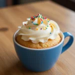 A warm vanilla mug cake topped with powdered sugar and served in a white ceramic mug.