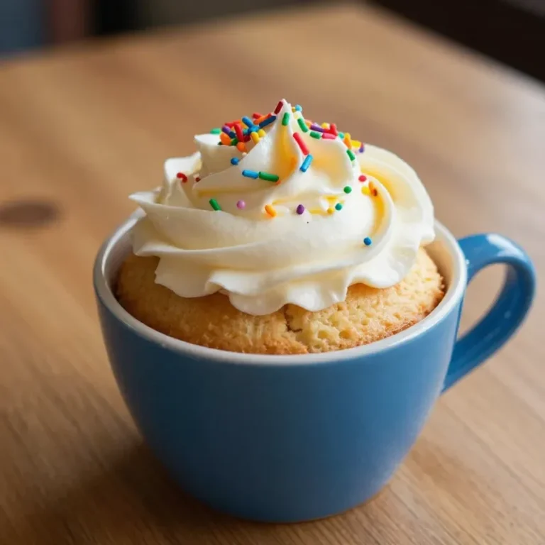 A warm vanilla mug cake topped with powdered sugar and served in a white ceramic mug.