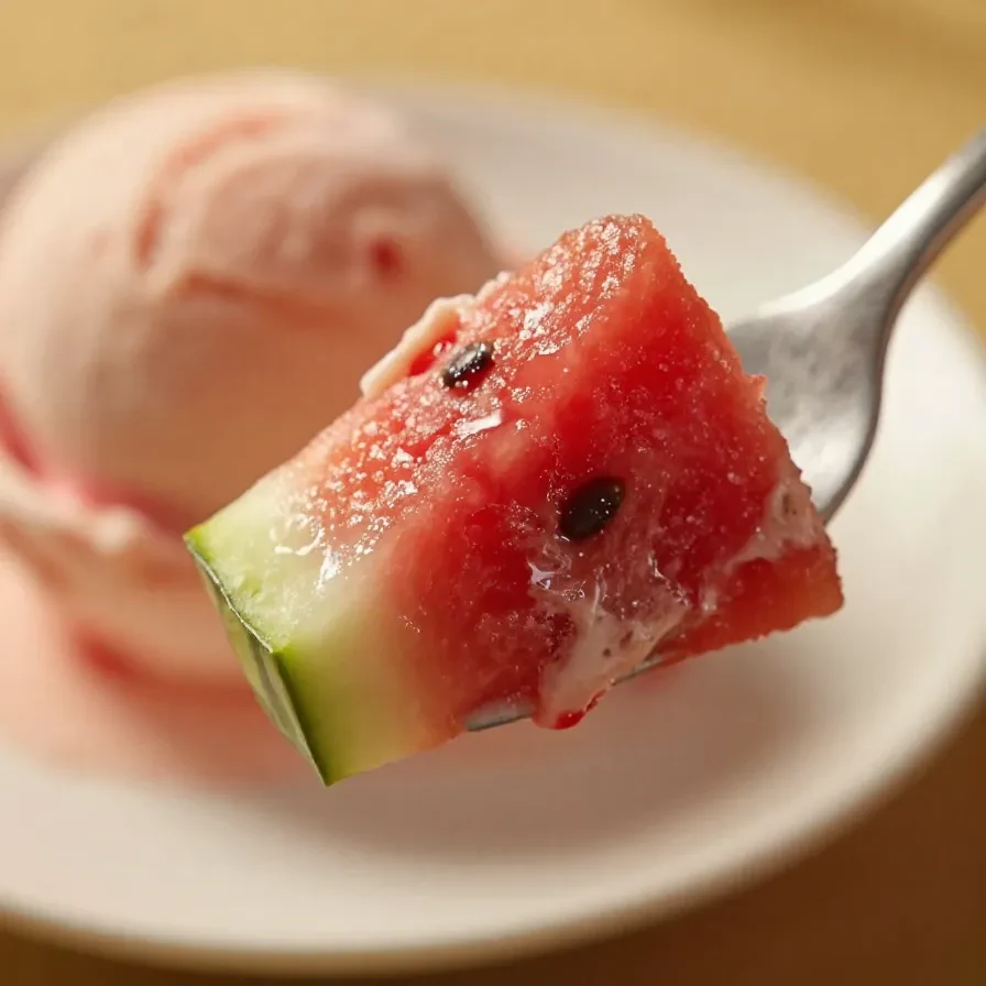 A bowl of homemade watermelon ice cream served with fresh watermelon slices.