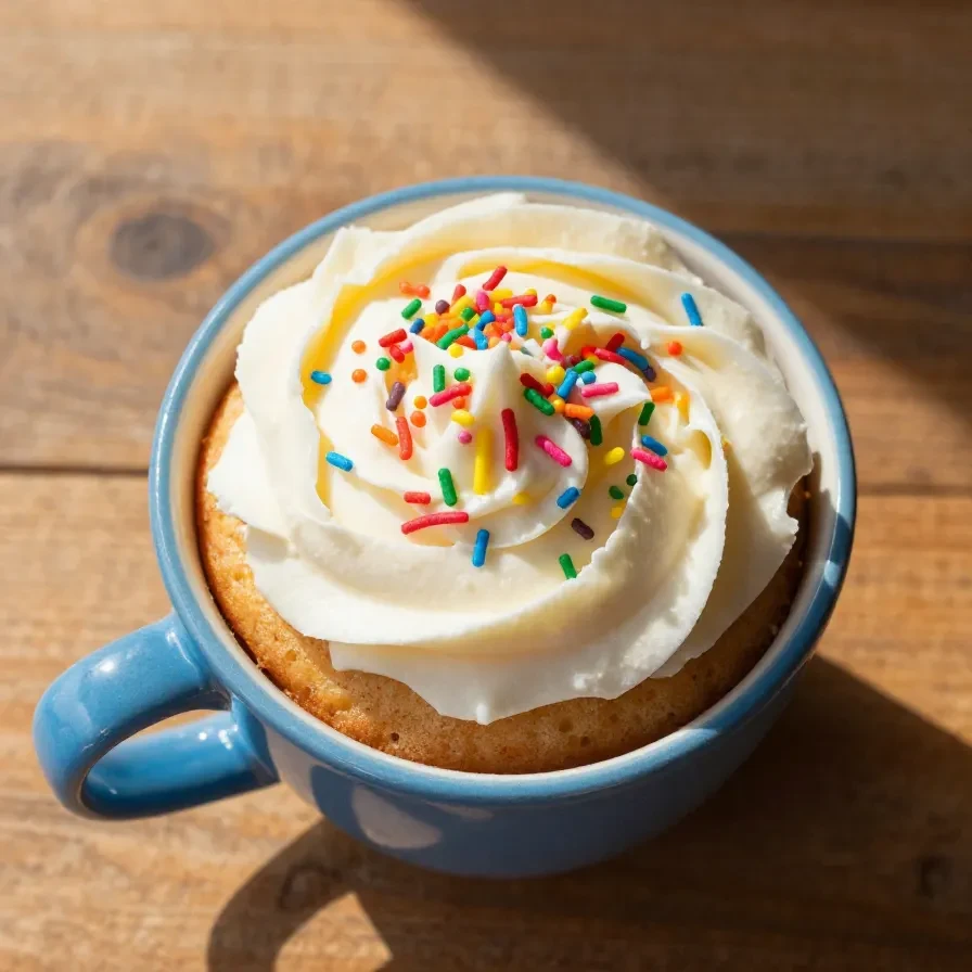 A warm vanilla mug cake topped with powdered sugar and served in a white ceramic mug.