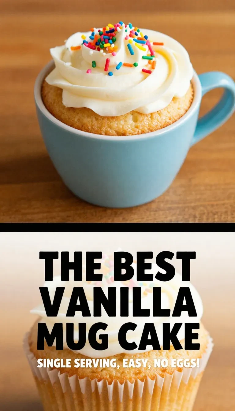 A warm vanilla mug cake topped with powdered sugar and served in a white ceramic mug.