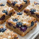 A freshly baked blueberry breakfast casserole served in a white dish.