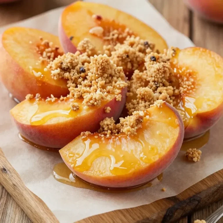 Close-up of peaches and cream crumble bars on a wooden table.