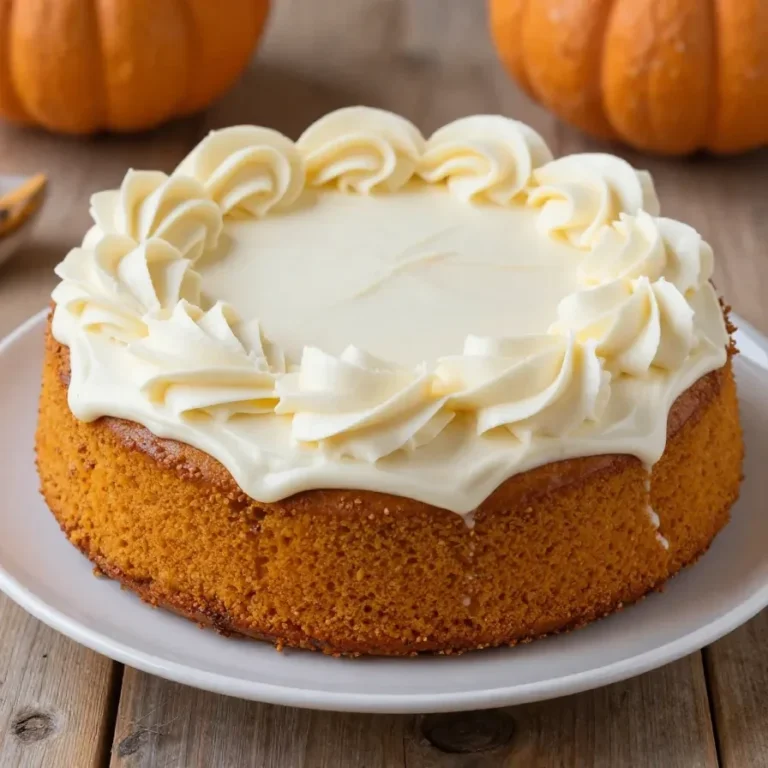 A freshly baked pumpkin spice cake topped with cream cheese frosting, served on a wooden table.