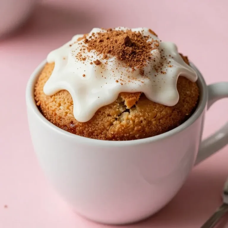 1 Minute Coffee Cake In A Mug A freshly baked coffee cake in a mug, topped with cinnamon and sugar.