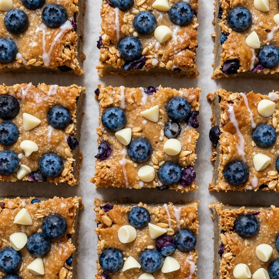 A freshly baked blueberry breakfast casserole served in a white dish.