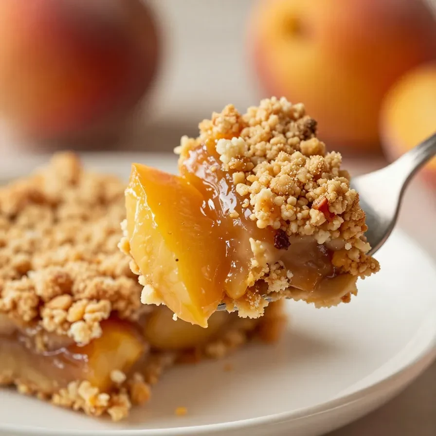 Close-up of peaches and cream crumble bars on a wooden table.