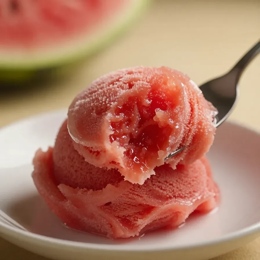 A bowl of vibrant pink watermelon sorbet garnished with fresh mint leaves.