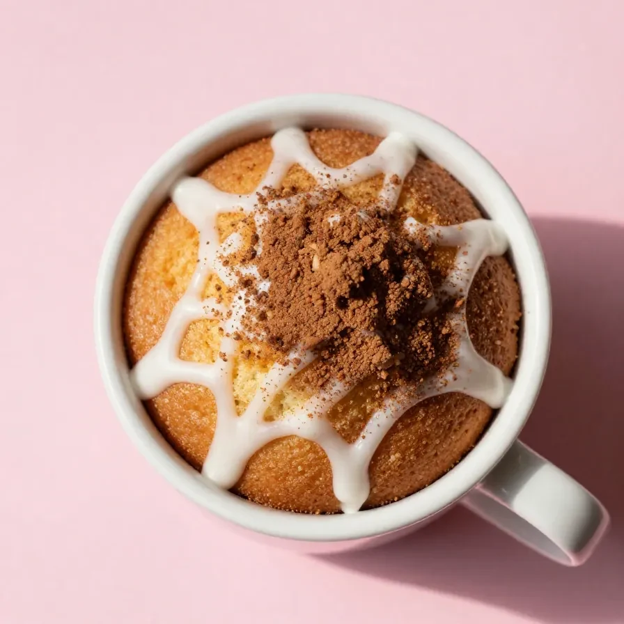 A freshly baked coffee cake in a mug, topped with cinnamon and sugar.