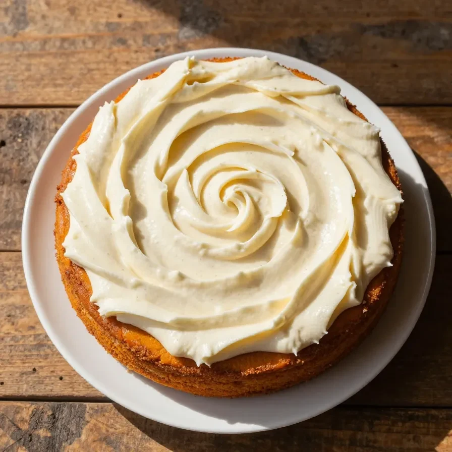 A freshly baked pumpkin spice cake topped with cream cheese frosting, served on a wooden table.