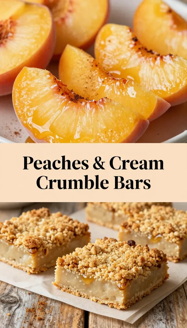 Close-up of peaches and cream crumble bars on a wooden table.