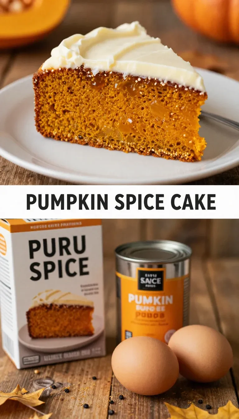 A freshly baked pumpkin spice cake topped with cream cheese frosting, served on a wooden table.