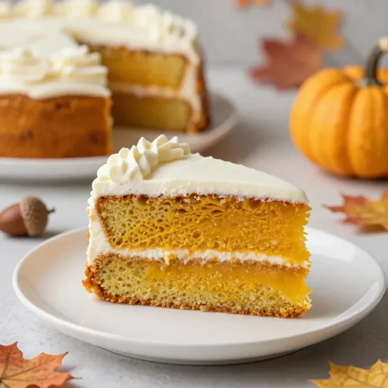 A freshly baked magic pumpkin cake topped with cream cheese frosting and cinnamon sprinkles.