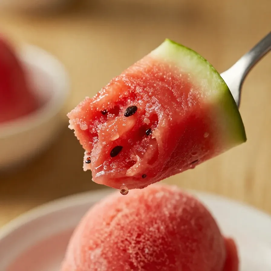 A bowl of vibrant pink watermelon sorbet served with fresh mint leaves.