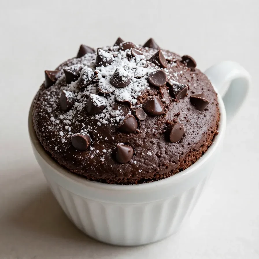 A freshly baked healthy mug cake topped with fresh berries and a drizzle of honey.