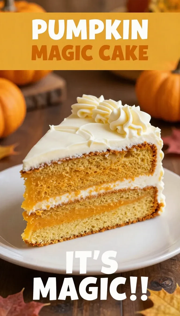 A freshly baked magic pumpkin cake topped with cream cheese frosting and cinnamon sprinkles.