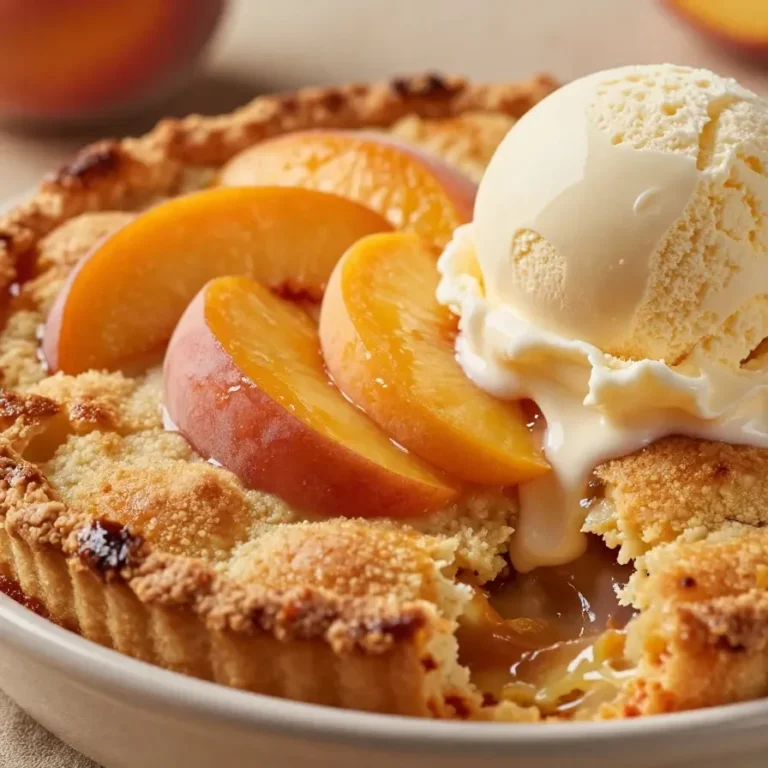 A homemade peach cobbler served in a baking dish with fresh peaches on the side.