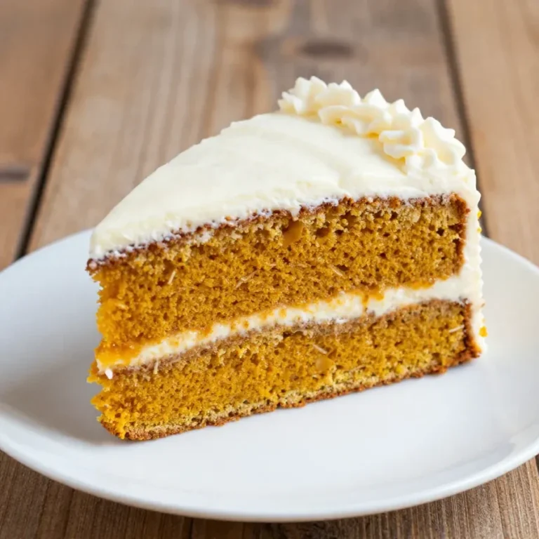 Easy Pumpkin Spice Cake A freshly baked pumpkin spice cake topped with creamy frosting on a wooden table.