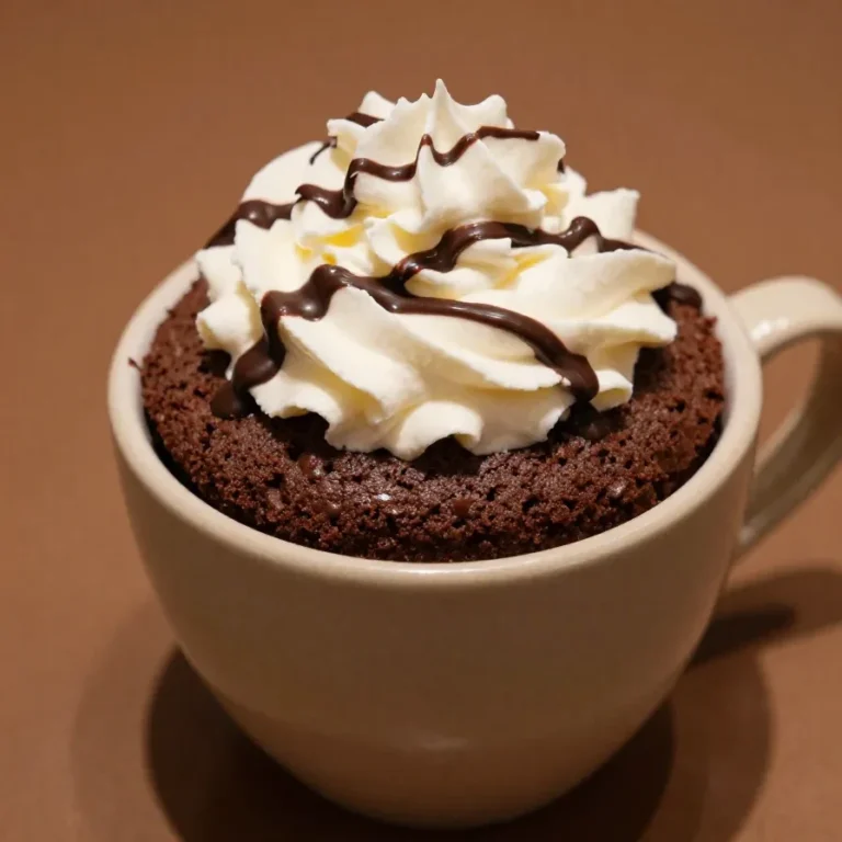 A rich chocolate protein cake served in a white mug, perfect for a quick and healthy dessert.